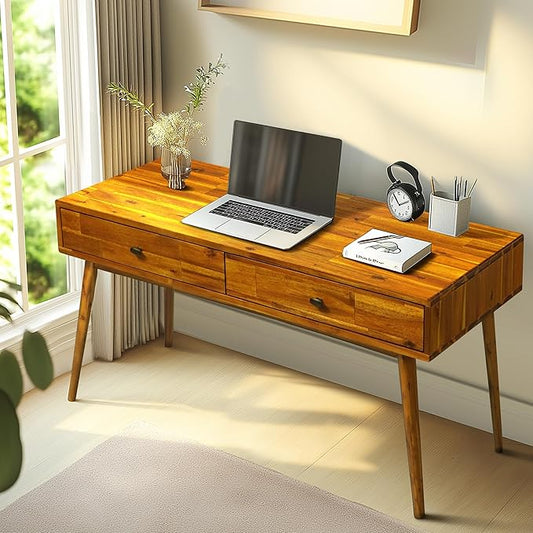 48" Solid Wood Work Desk with Drawers, Office Furniture, Scandinavian Style Work Table for Home Office